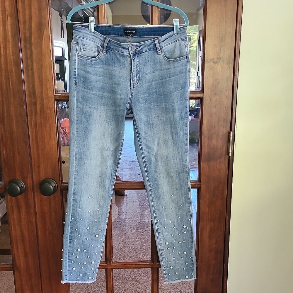 bebe Light Blue Straight Leg Jeans with Pearl Details - Picture 6 of 9